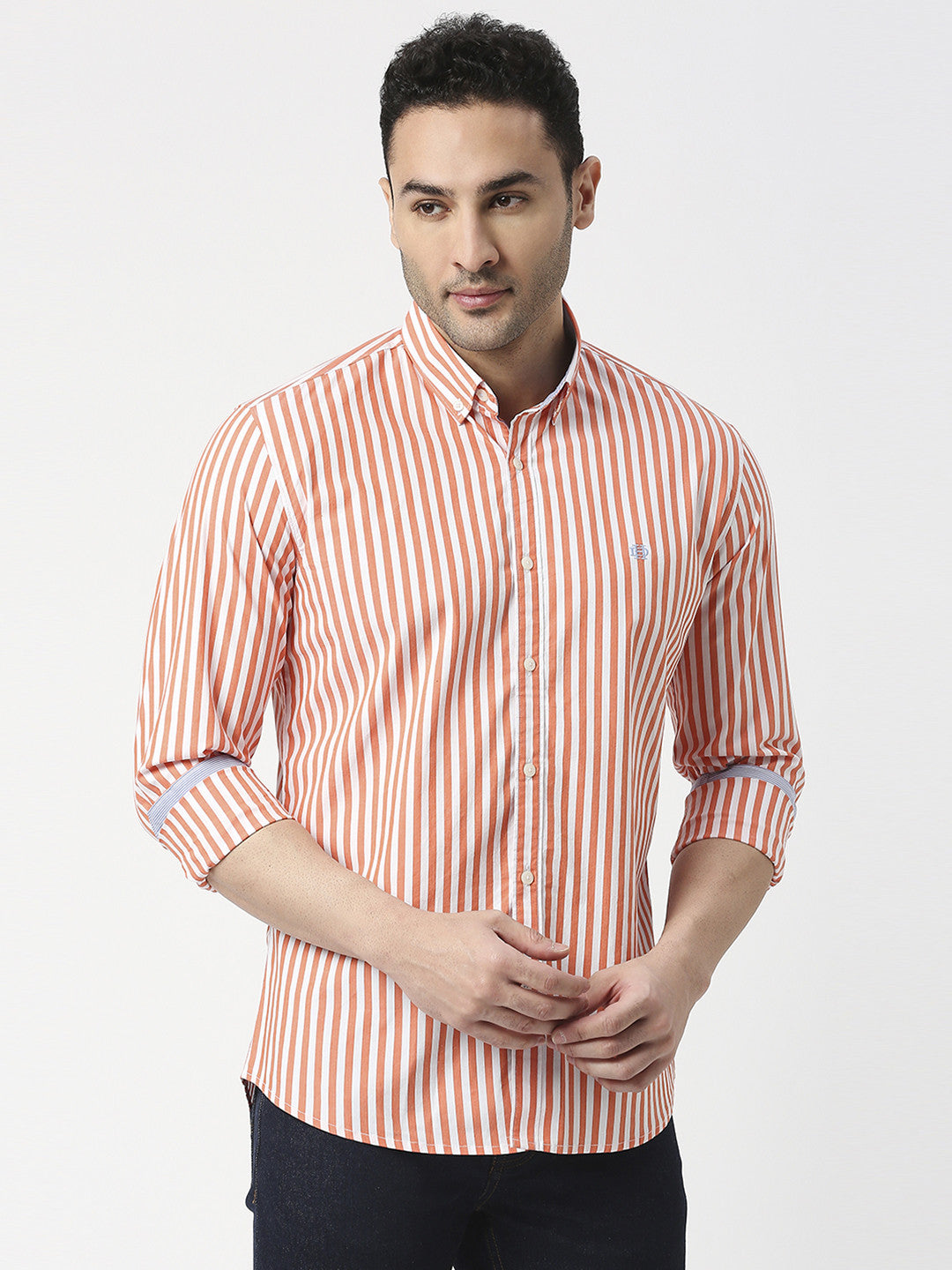 Red Poplin Stretch Vertical Striped Shirt