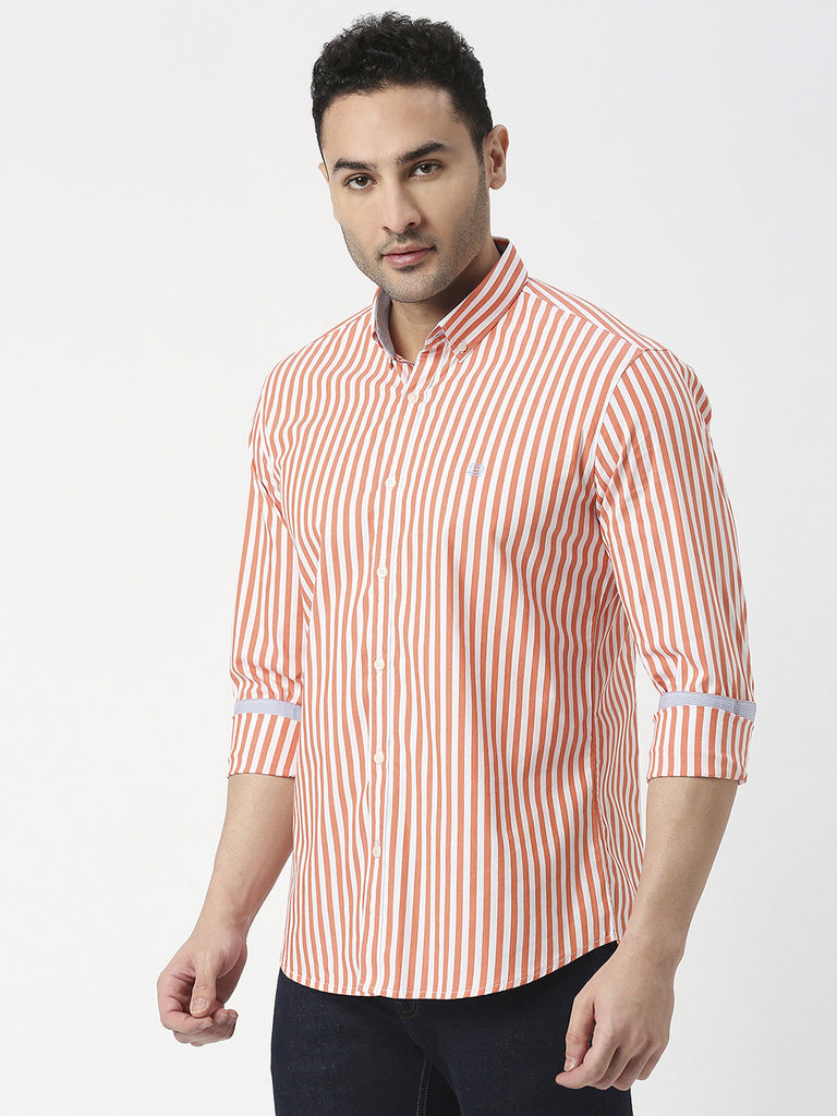 Red Poplin Stretch Vertical Striped Shirt