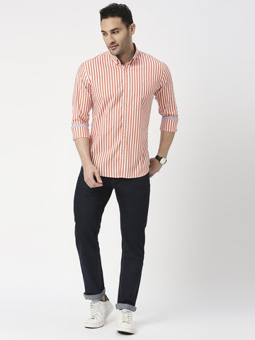 Red Poplin Stretch Vertical Striped Shirt