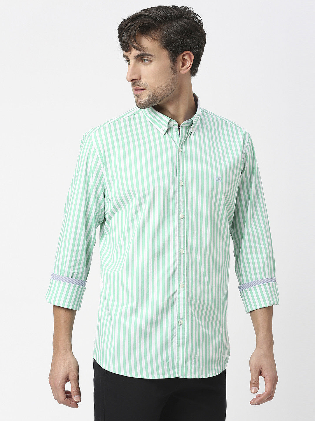 Green Poplin Stretch Verticle Striped Shirt