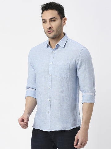 Sky Blue Pure Linen Shirt With Pocket