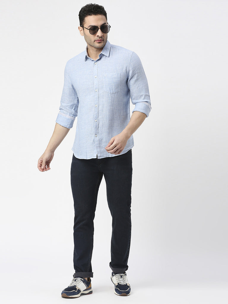 Sky Blue Pure Linen Shirt With Pocket