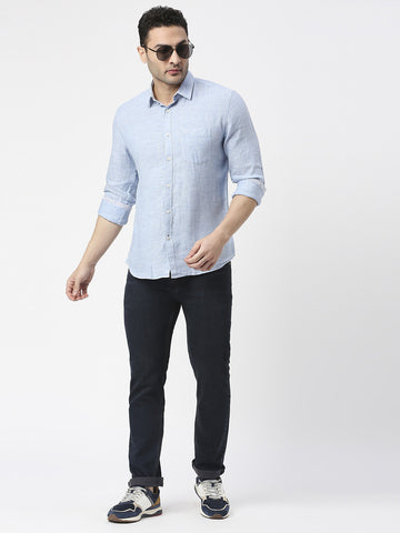 Sky Blue Pure Linen Shirt With Pocket