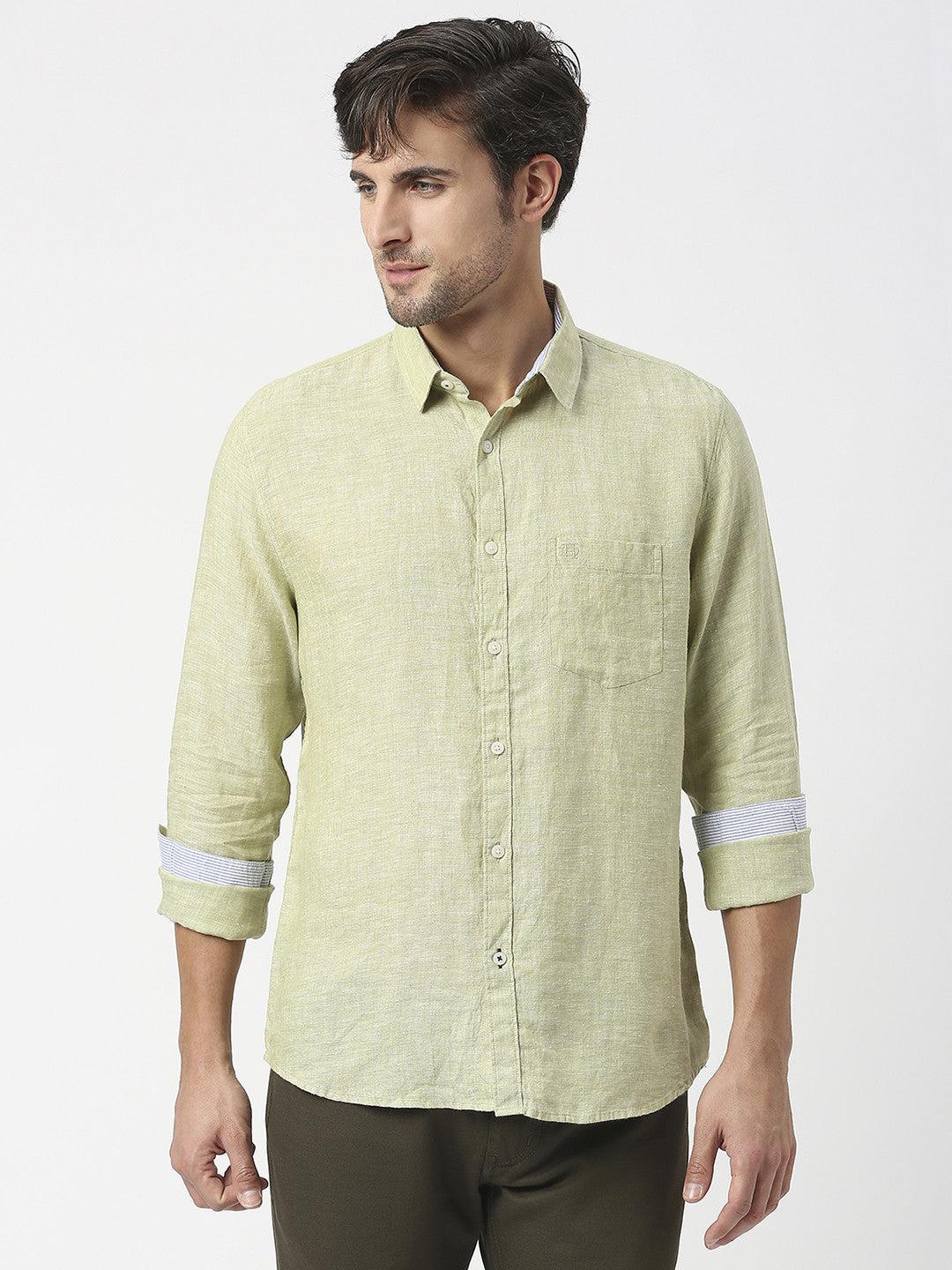 Olive Green Pure Linen Shirt With Pocket