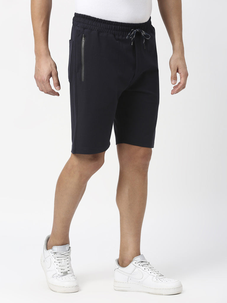 Navy Tencel Lycra Shorts With Zipped Pocket