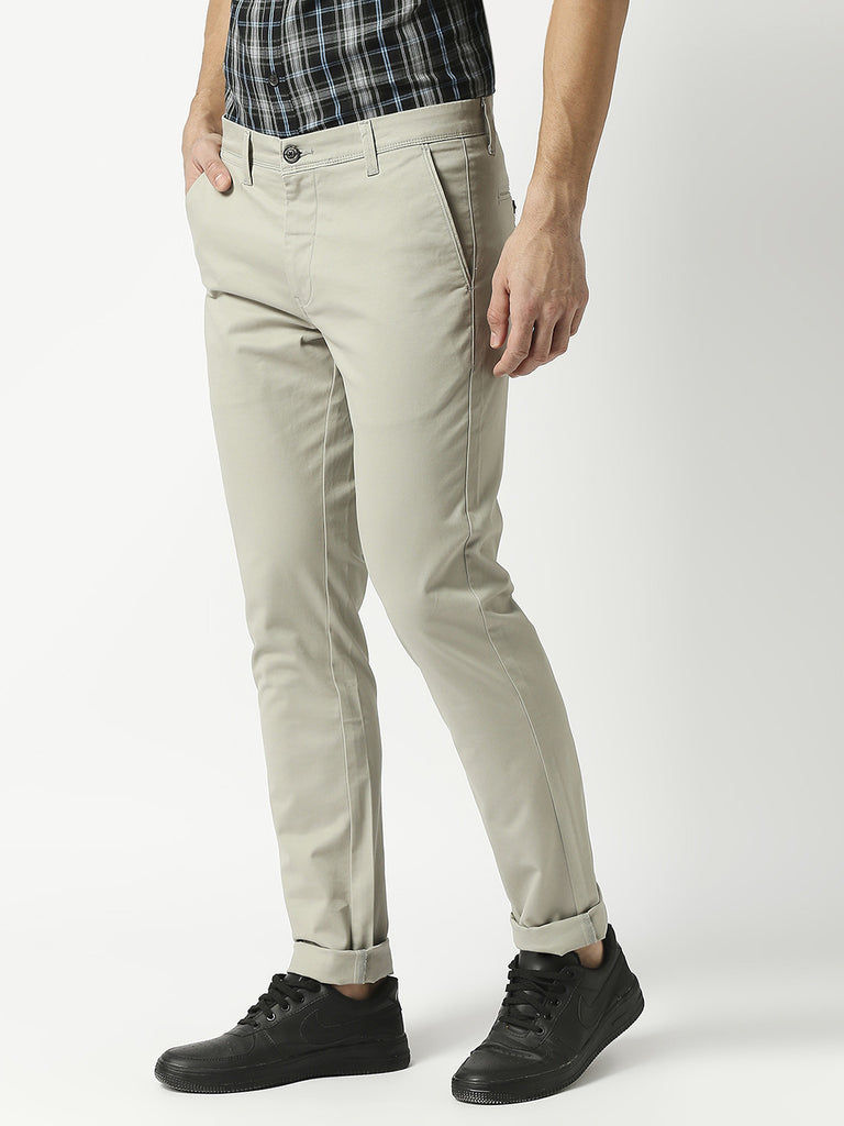 Light Beige Slim Tapered Cotton Dobby Lycra Trouser