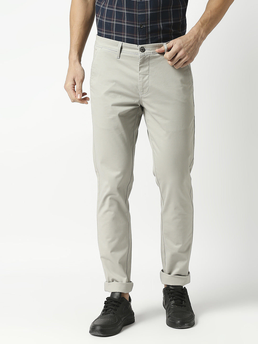 Light Grey Slim Tapered Cotton Dobby Lycra Trouser