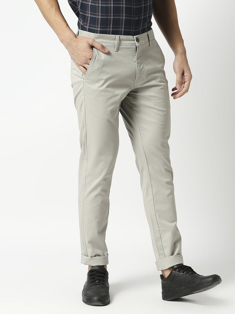 Light Grey Slim Tapered Cotton Dobby Lycra Trouser