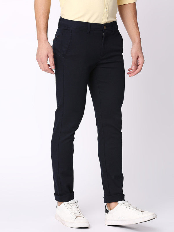 Signature Navy Cotton Dobby Lycra Trousers