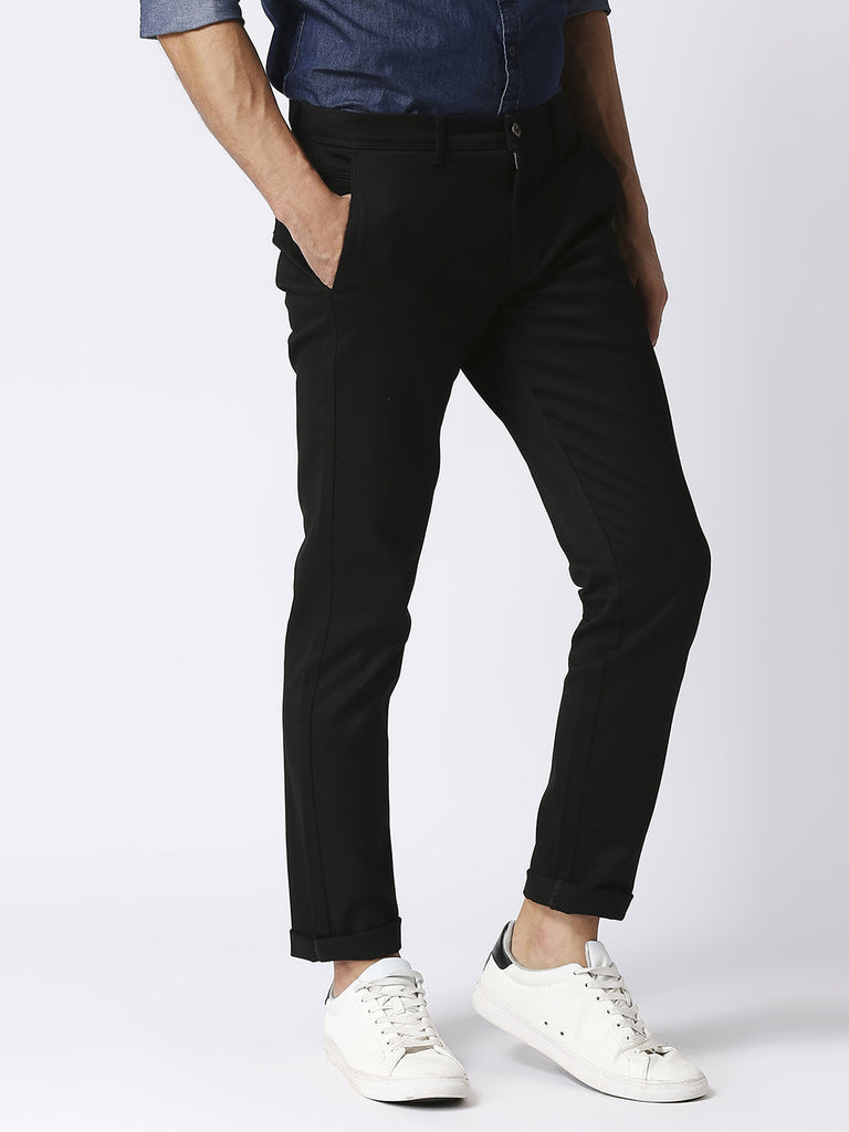 Black Slim Tapered Cotton Dobby Lycra Trouser