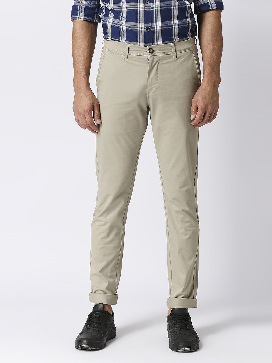 Beige Slim Tapered Cotton Stretch Trouser