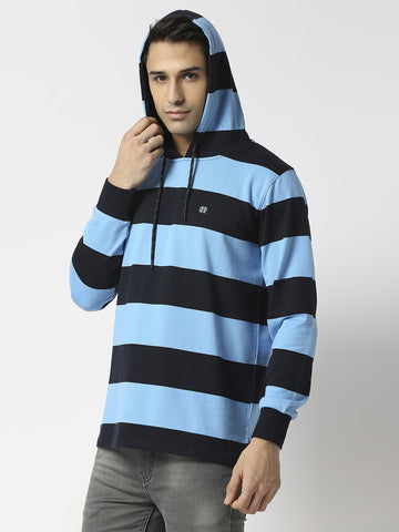 Sky Blue Striped Sweatshirt With Hoodie