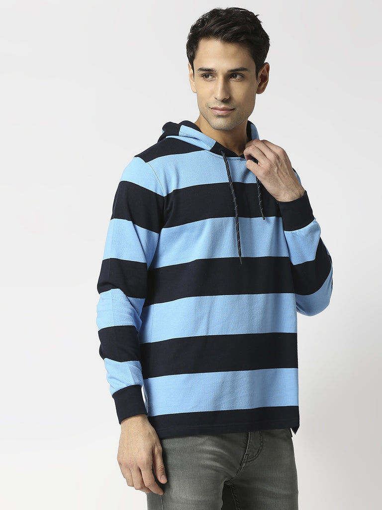 Sky Blue Striped Sweatshirt With Hoodie