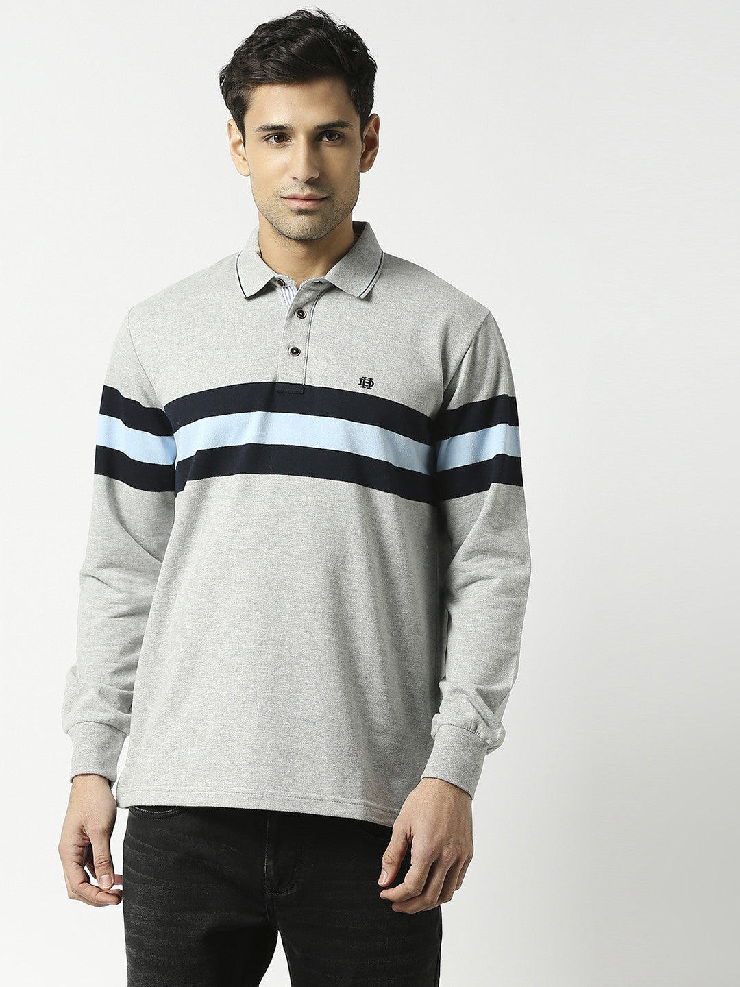 Grey Striped Full Sleeves Polo T-shirt