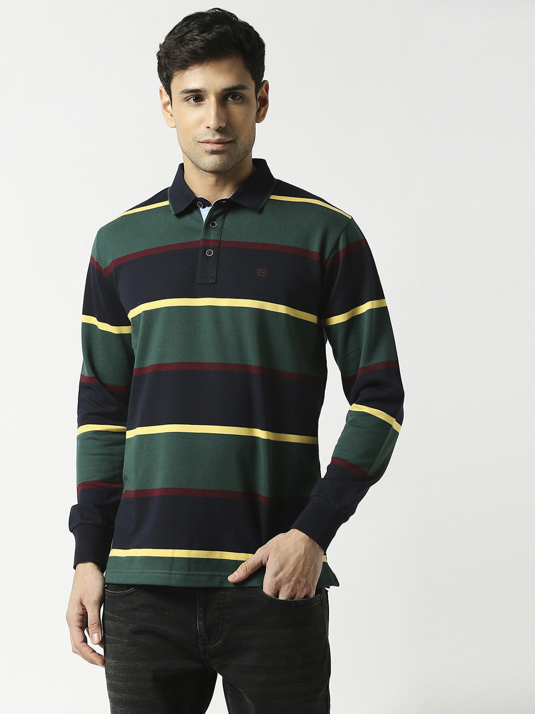 Bottle Green & Navy Full Sleeves Polo T-shirt