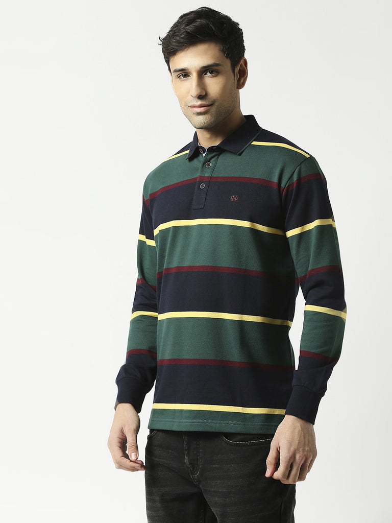 Bottle Green & Navy Full Sleeves Polo T-shirt