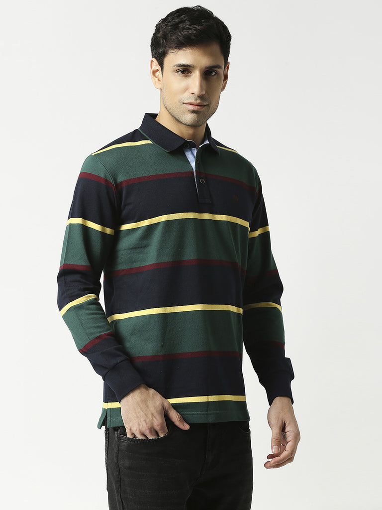 Bottle Green & Navy Full Sleeves Polo T-shirt