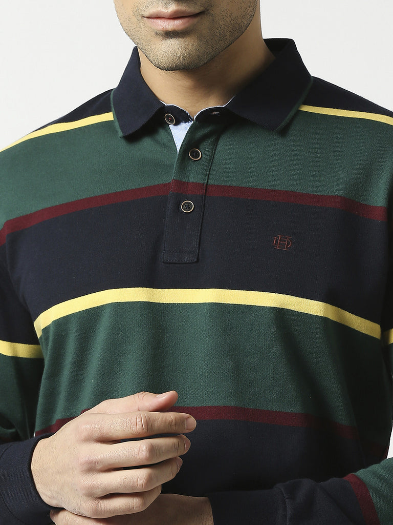 Bottle Green & Navy Full Sleeves Polo T-shirt