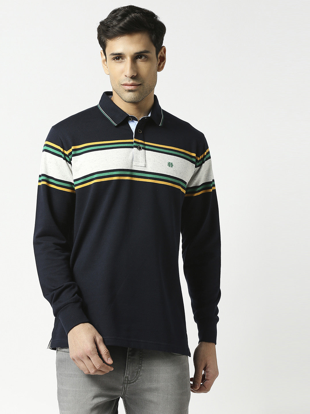 Navy Blue Full Sleeves Striped Polo T-shirt