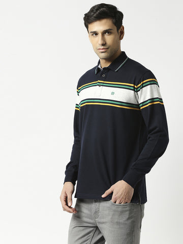 Navy Blue Full Sleeves Striped Polo T-shirt