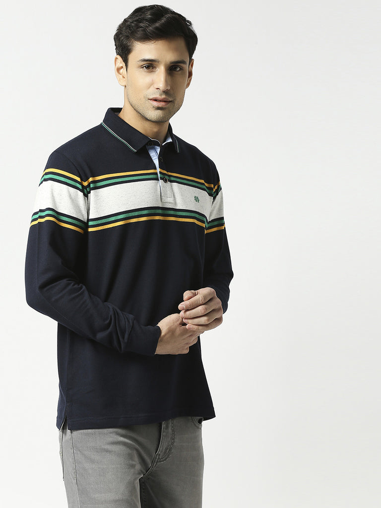 Navy Blue Full Sleeves Striped Polo T-shirt