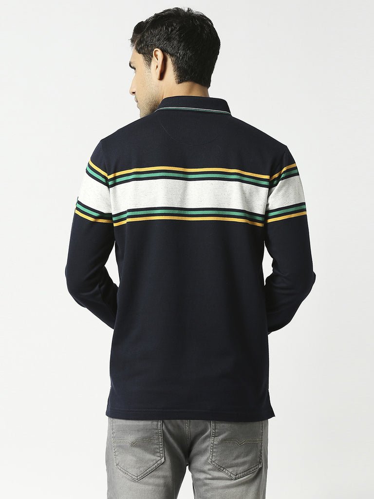 Navy Blue Full Sleeves Striped Polo T-shirt