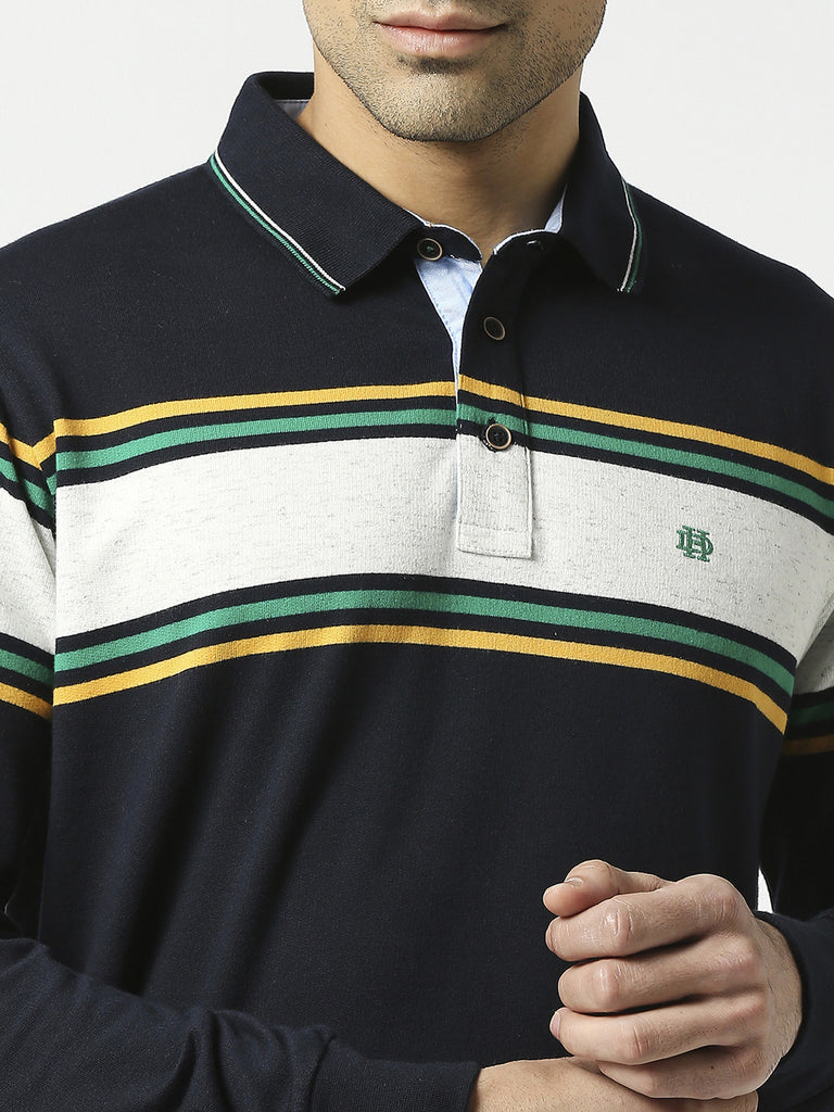 Navy Blue Full Sleeves Striped Polo T-shirt