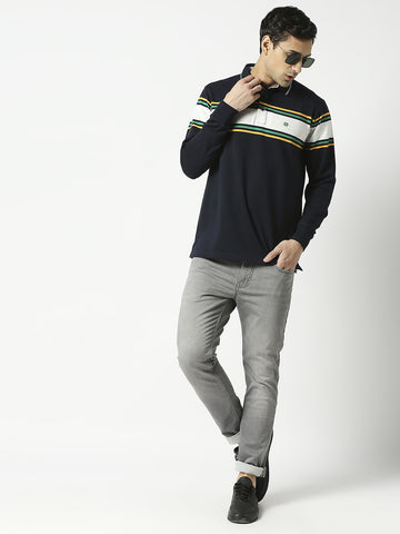 Navy Blue Full Sleeves Striped Polo T-shirt