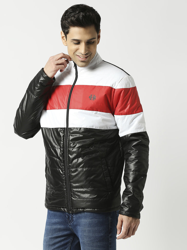 Black Puffer Jacket with White & Red Stripes