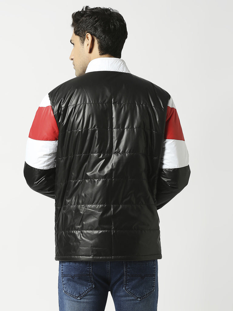 Black Puffer Jacket with White & Red Stripes