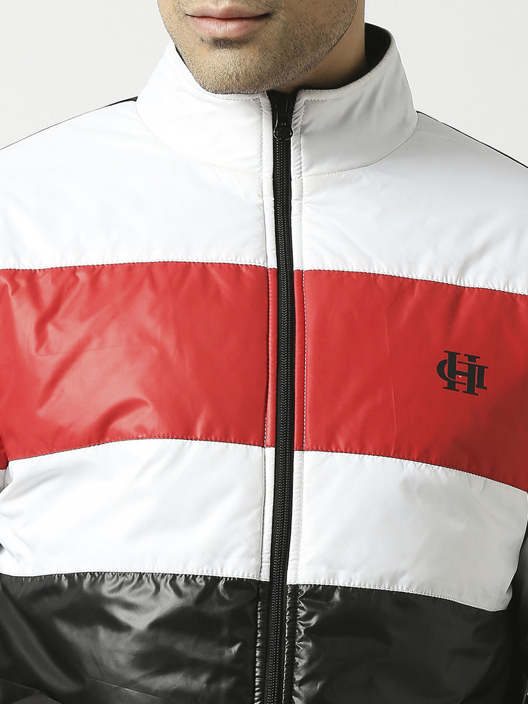 Black Puffer Jacket with White & Red Stripes