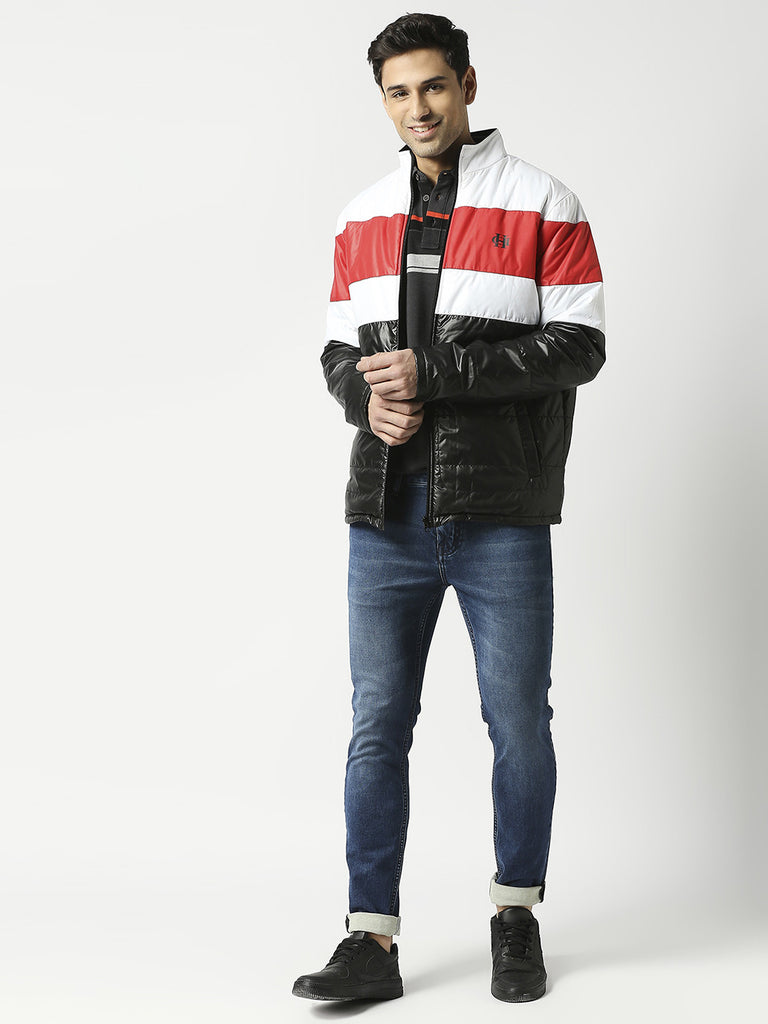 Black Puffer Jacket with White & Red Stripes