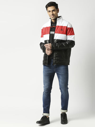 Black Puffer Jacket with White & Red Stripes