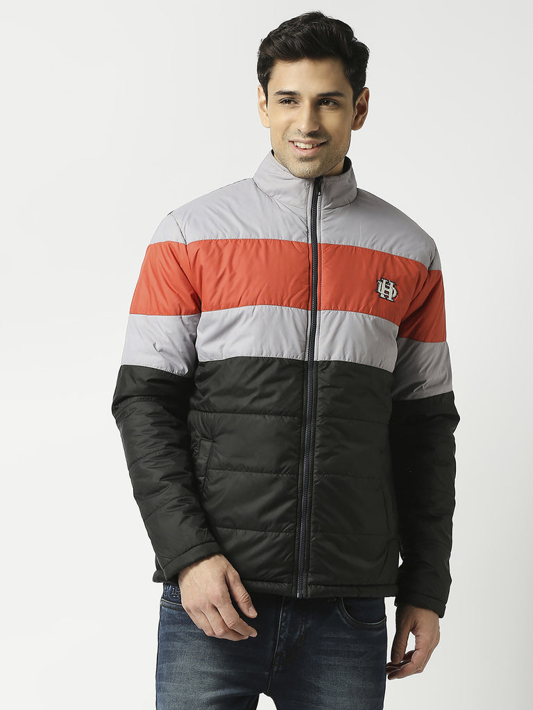 Black Puffer Jacket with Orange & Grey Stripes – Dragon Hill Lifestyle