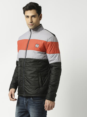 Black Puffer Jacket with Orange & Grey Stripes