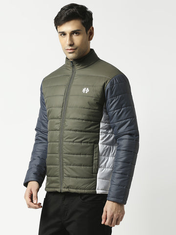 Army Green Puffer Jacket With Contrast Sleeves