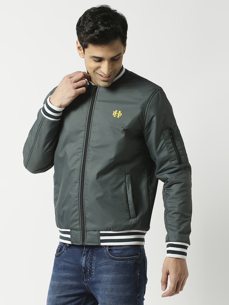 Olive Green Bomber Jacket with Striped Trim