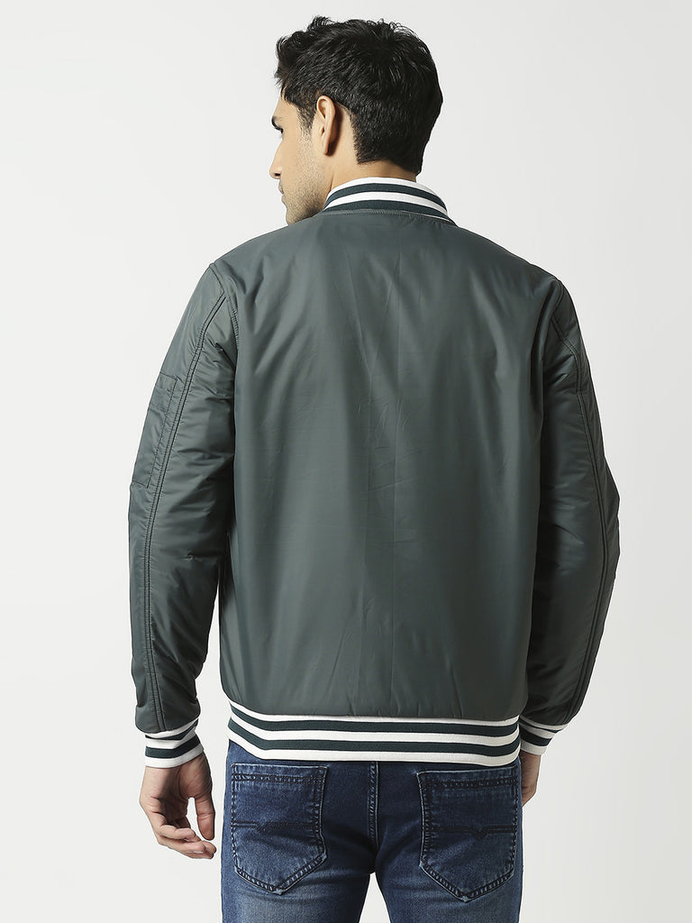 Olive Green Bomber Jacket with Striped Trim